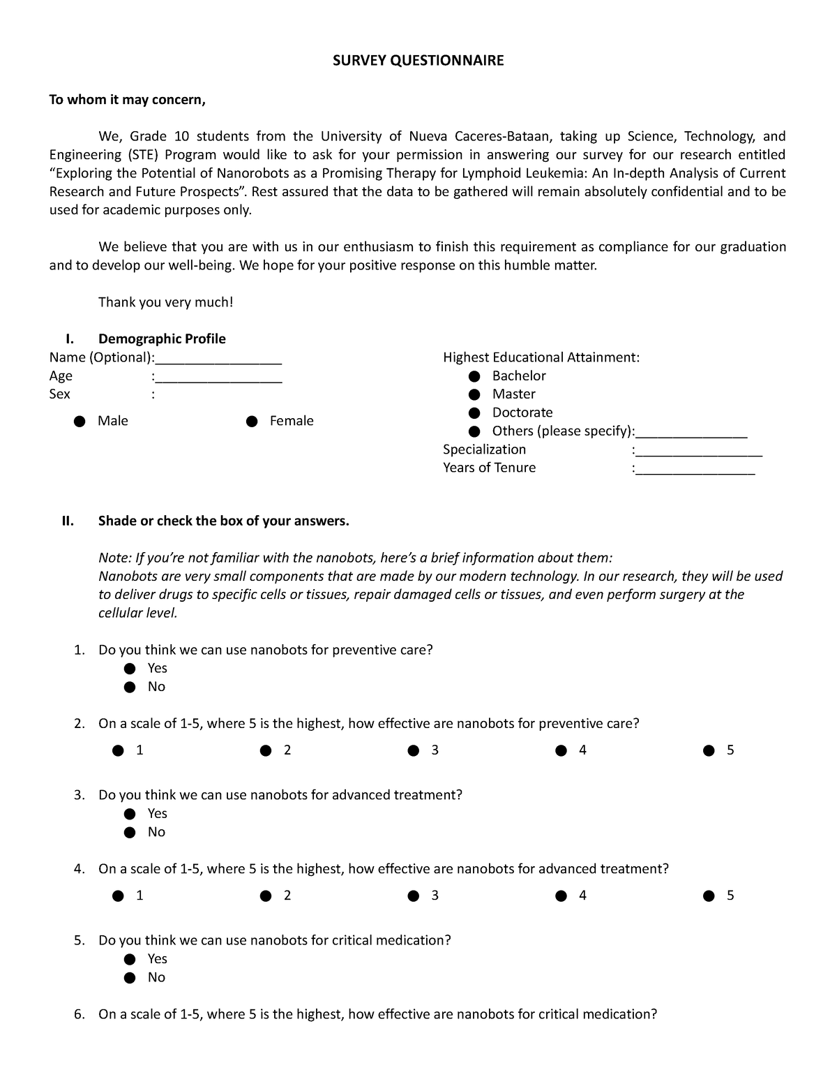 Questionnaire 2 - Nanorobots - SURVEY QUESTIONNAIRE To whom it may ...