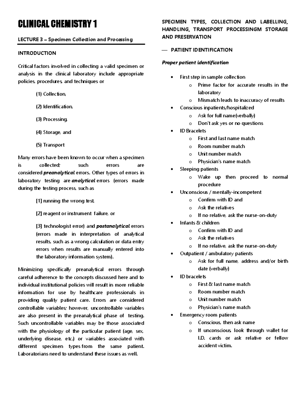 Lecture 3 Specimen Collection and Processing CLINICAL CHEMISTRY 1