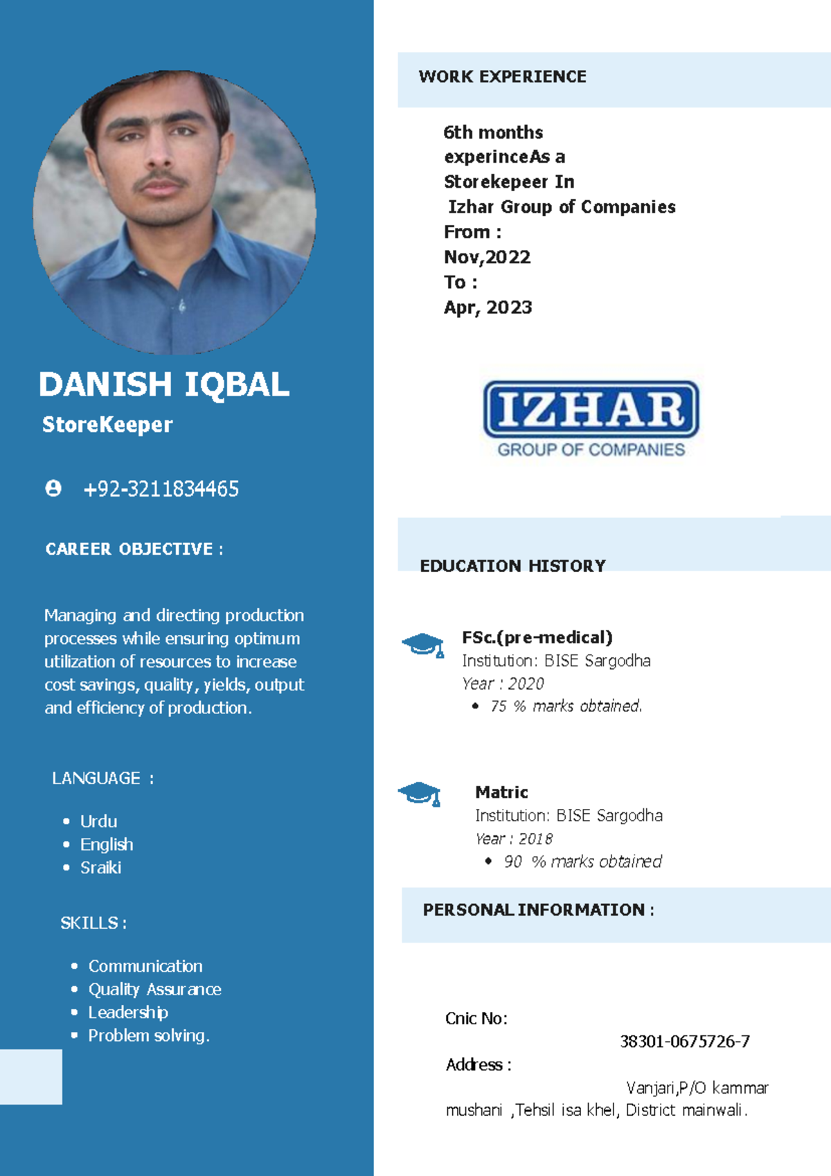 Danish cv - Vzbzbs - DANISH IQBAL StoreKeeper +92- 3211834465 CAREER ...