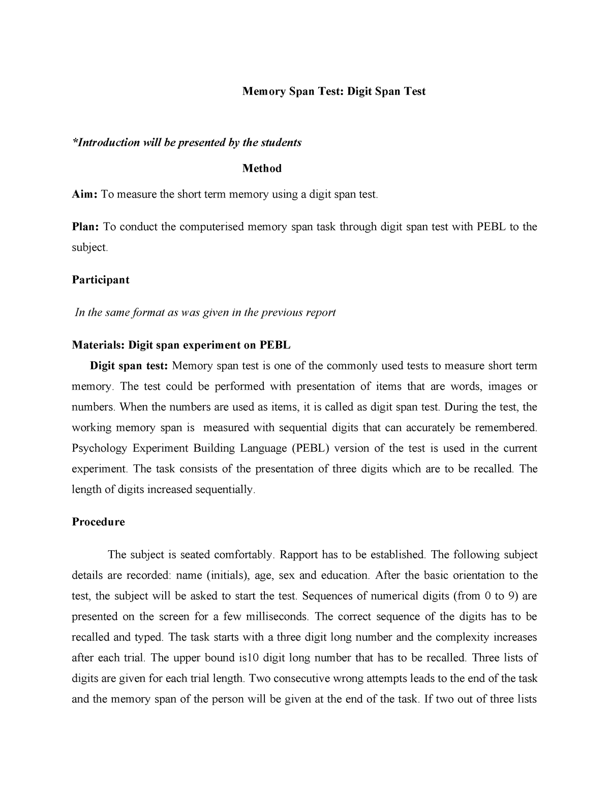 Copy of Digit Span Test - Memory Span Test: Digit Span Test ...