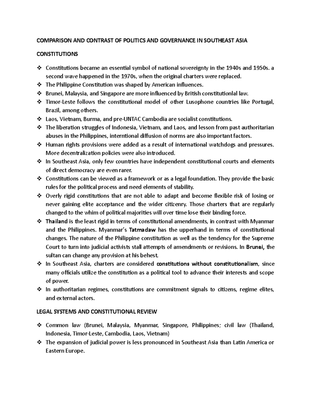 Comparison and Contrast of the Politics in Southeast Asia - COMPARISON ...