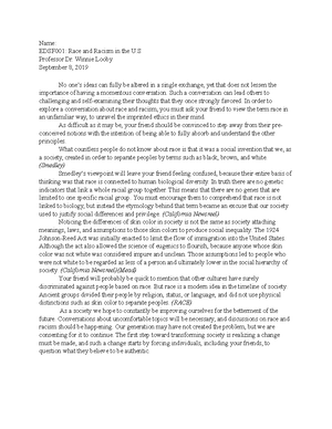 Race and Racsim lecture 3 - Race and Racism in the U. Lecture 3 Notes ...