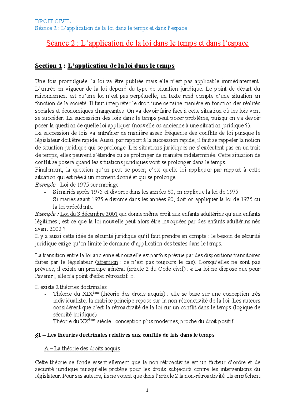 Seance 2 Droit Civil - Séance 2 : L’application De La Loi Dans Le Temps ...