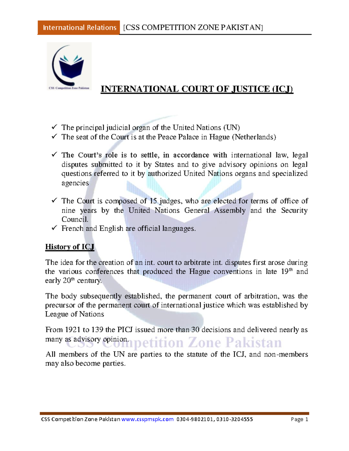 15. ICJ - International Relations [CSS COMPETITION ZONE PAKISTAN] CSS ...