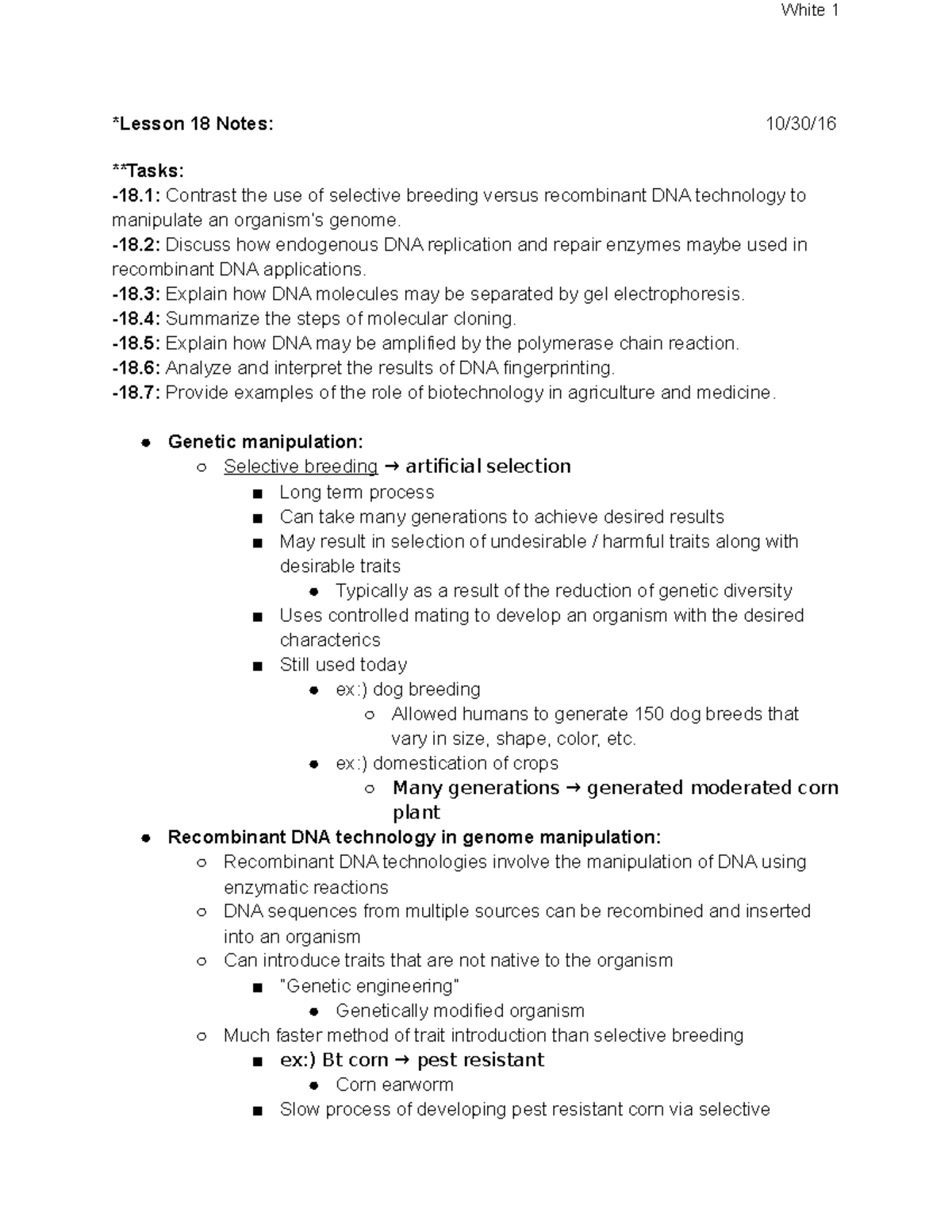 Lesson 18 Lecture Notes 1 White 1 Lesson 18 Notes 10 30 16
