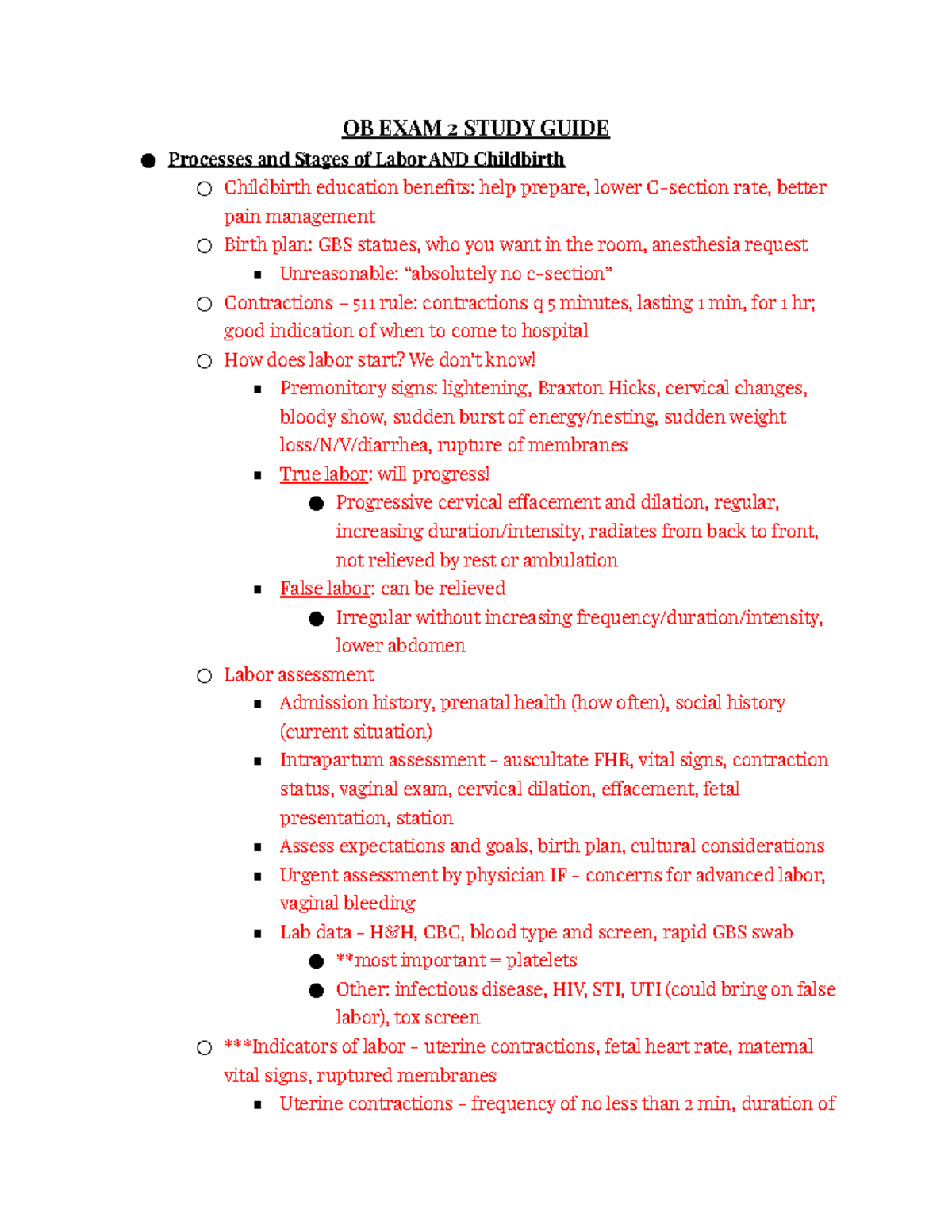 OB EXAM 2 Study Guide - OB EXAM 2 STUDY GUIDE Processes And Stages Of ...