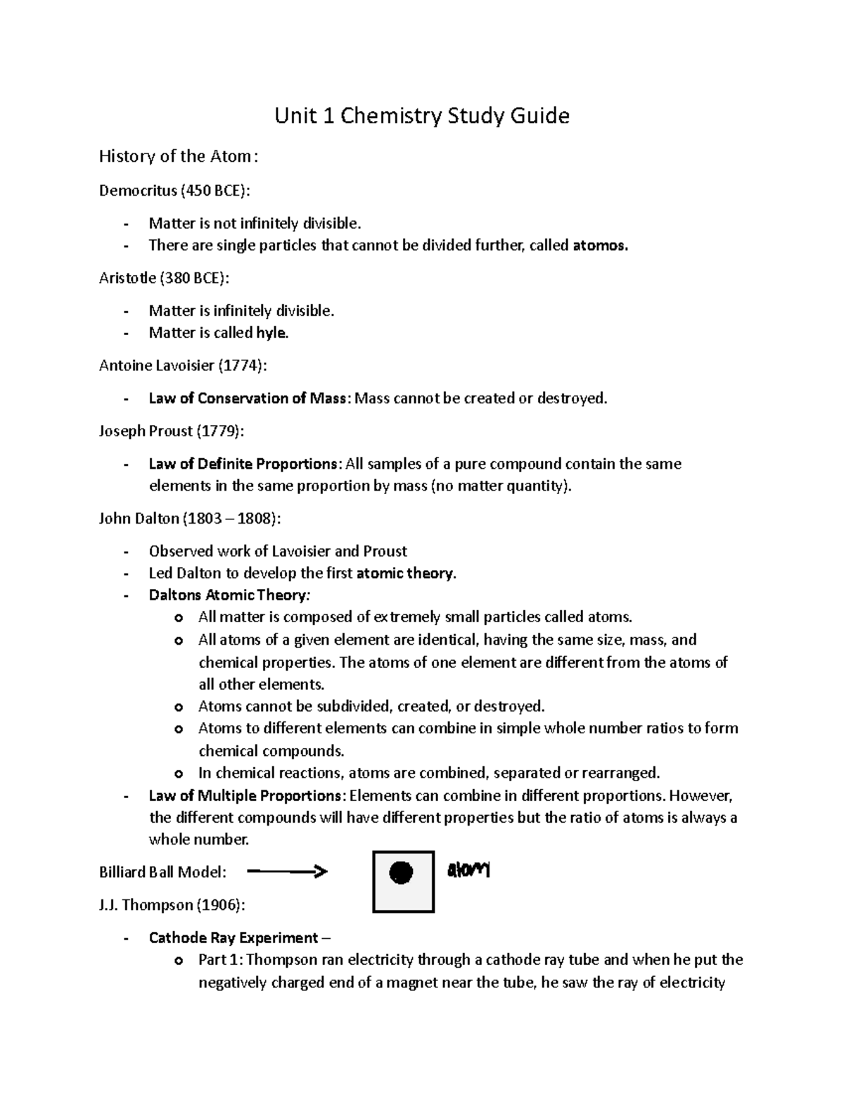 Unit 1 Chemistry Study Guide - Unit 1 Chemistry Study Guide History Of ...