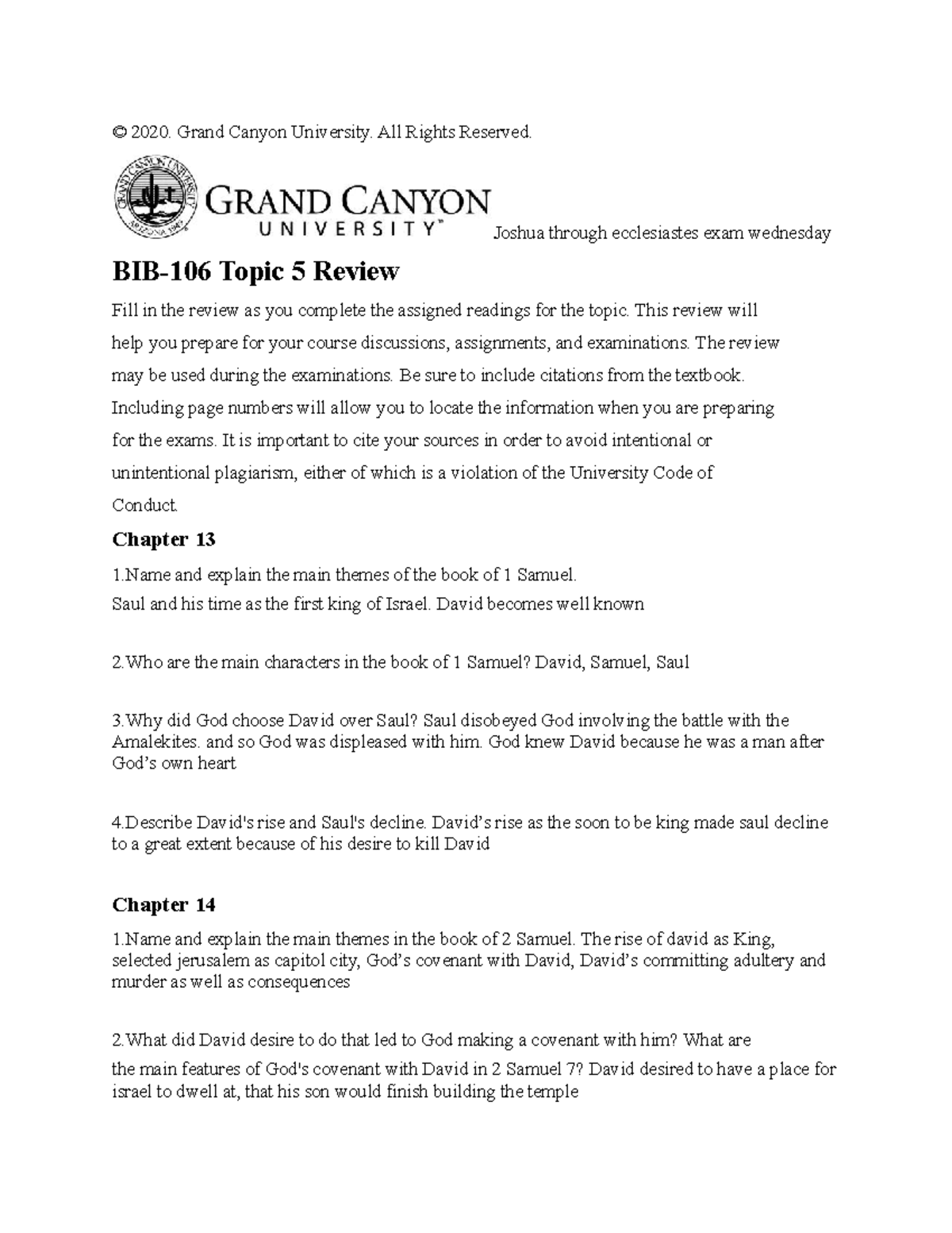 Old Testament Survey: Bible Topic 5 Review - © 2020. Grand Canyon ...