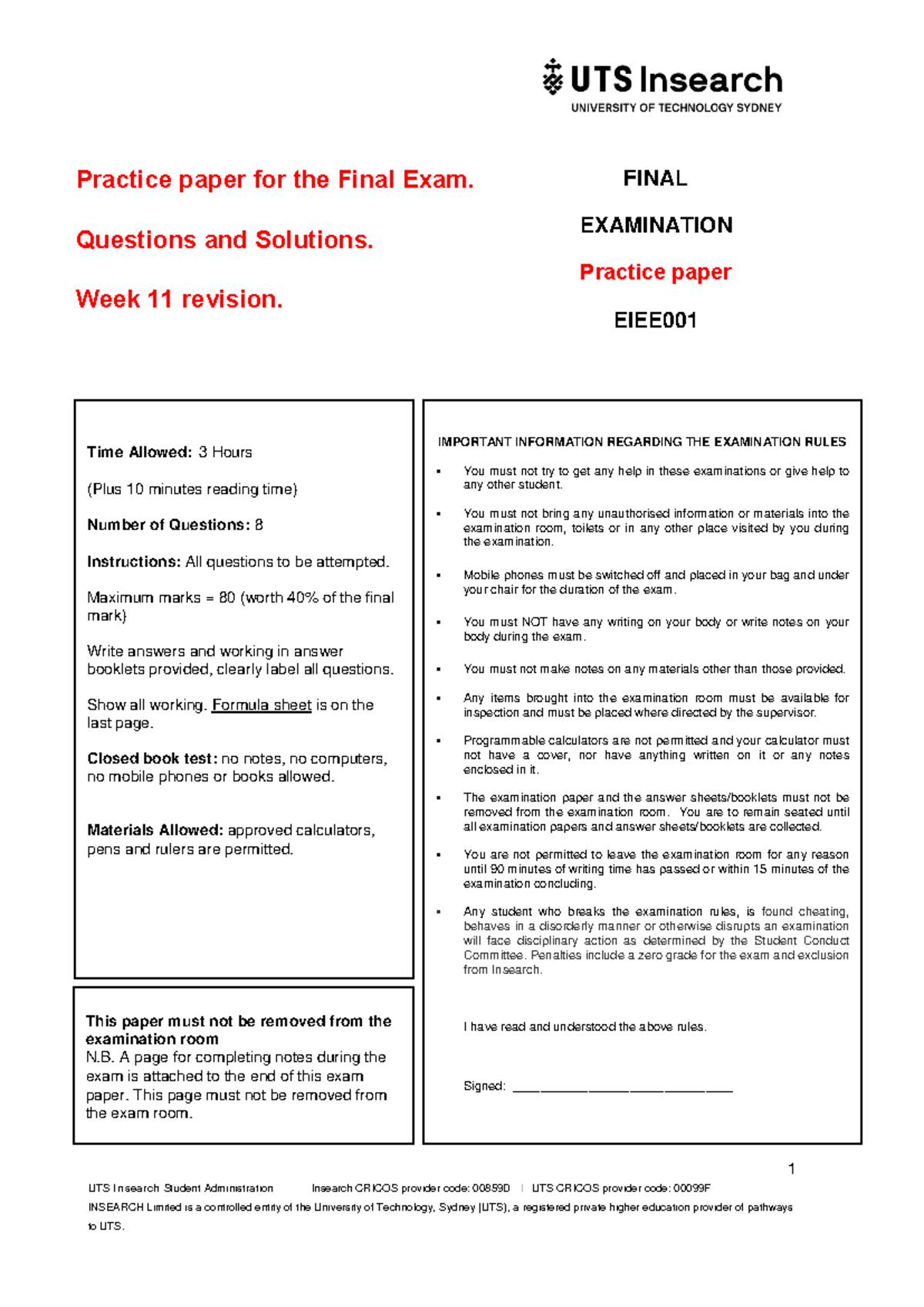 EXAM Practice ( Revision) - ####### 1 UTS Insearch Student ...