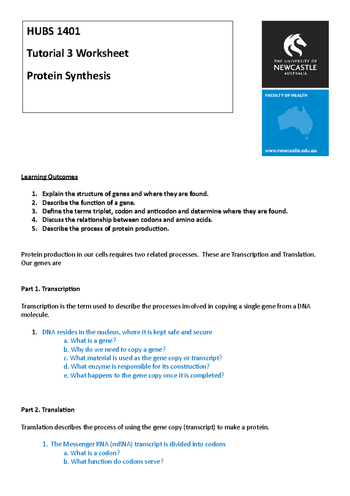 Tutorial 3 Protein Synthesis - HUBS1401 - UoN - Studocu
