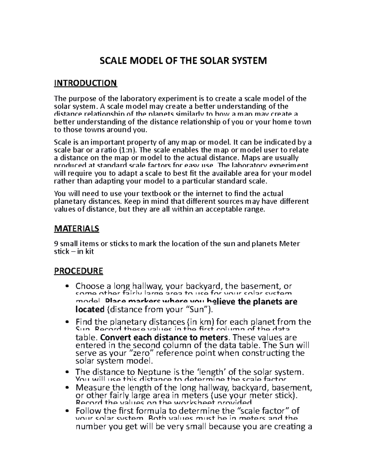 Lab 02- Solar System Model - SCALE MODEL OF THE SOLAR SYSTEM ...