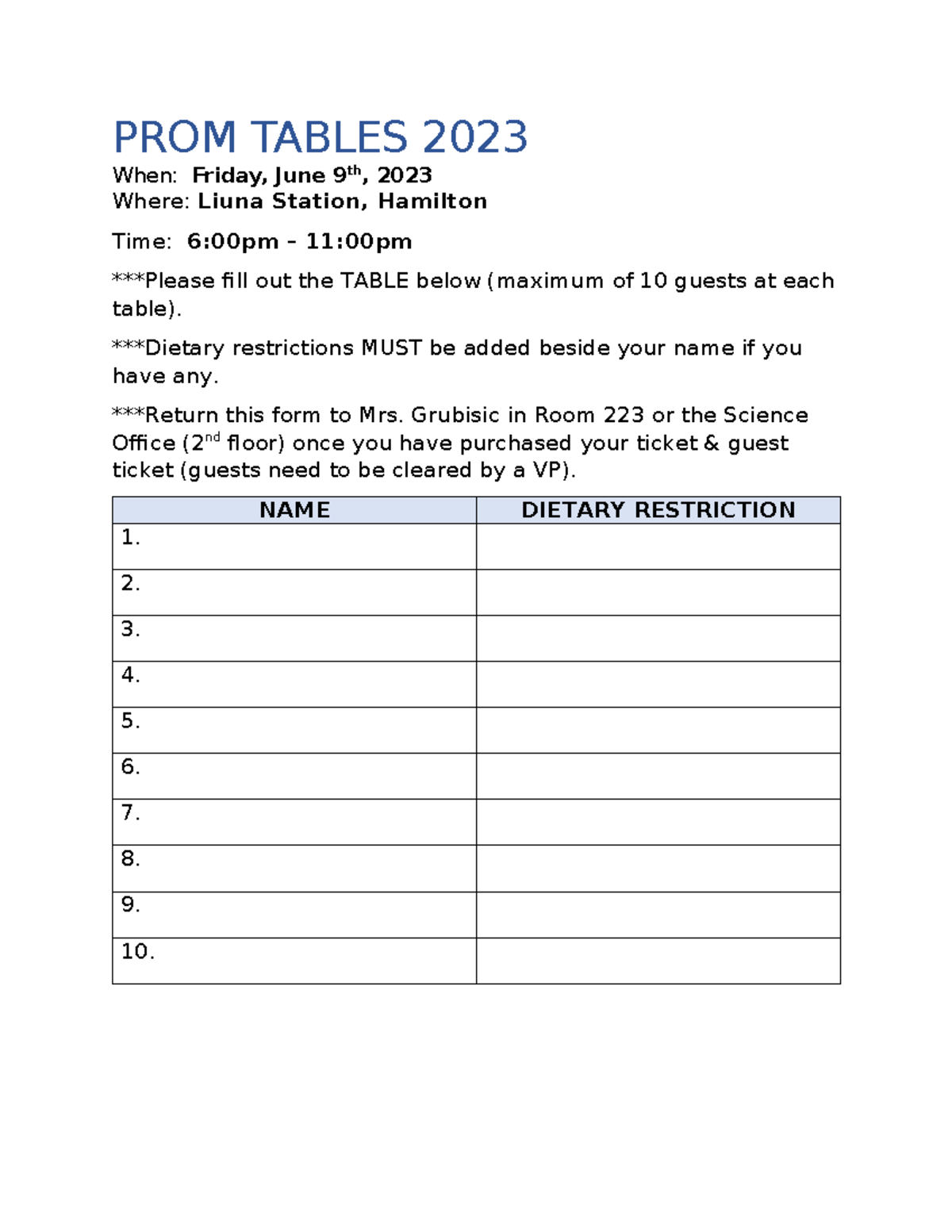 Prom Tables 2023 template - PROM TABLES 2023 When: Friday, June 9 th ...