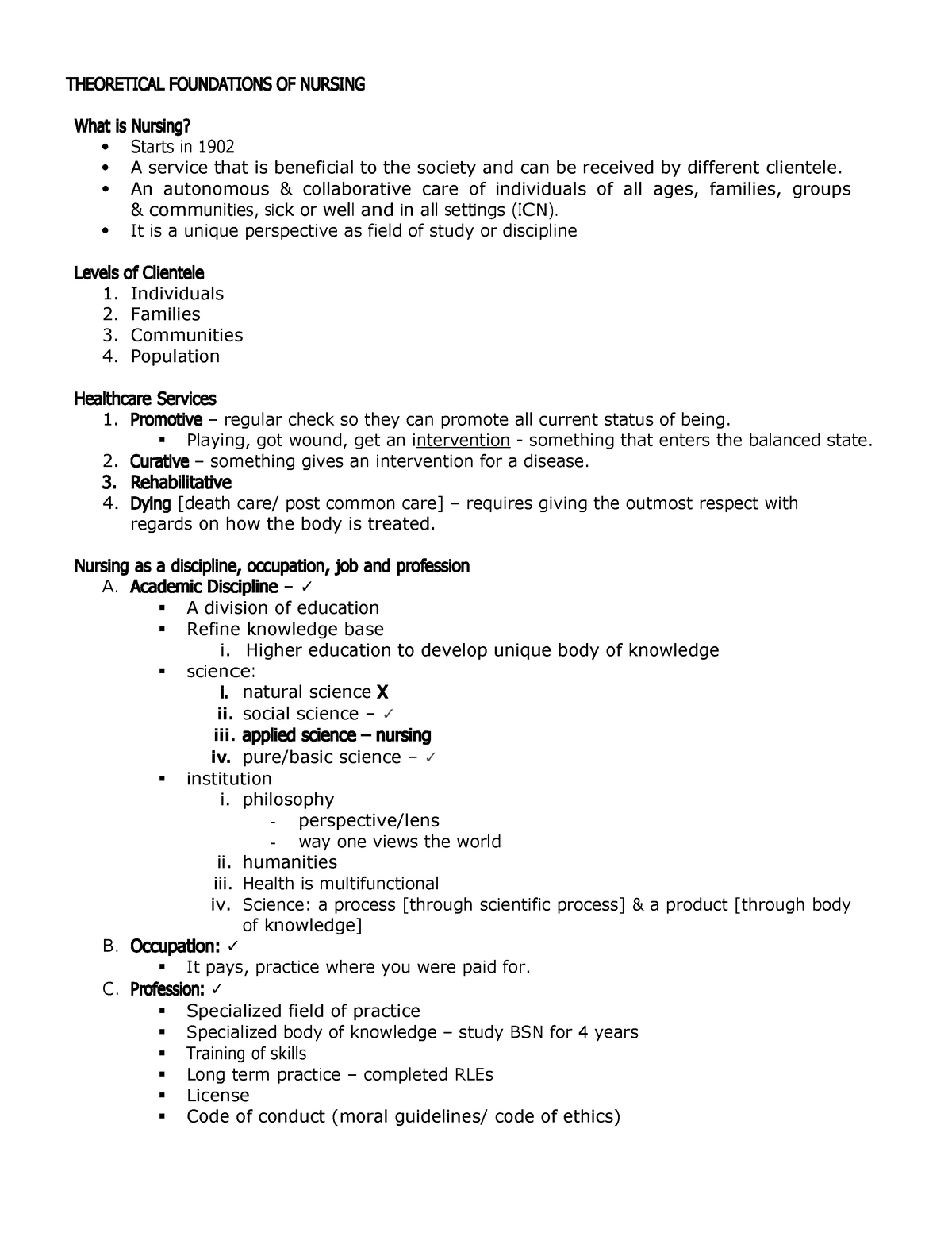 TFN-notes-intro - Belle - THEORETICAL FOUNDATIONS OF NURSING What Is ...