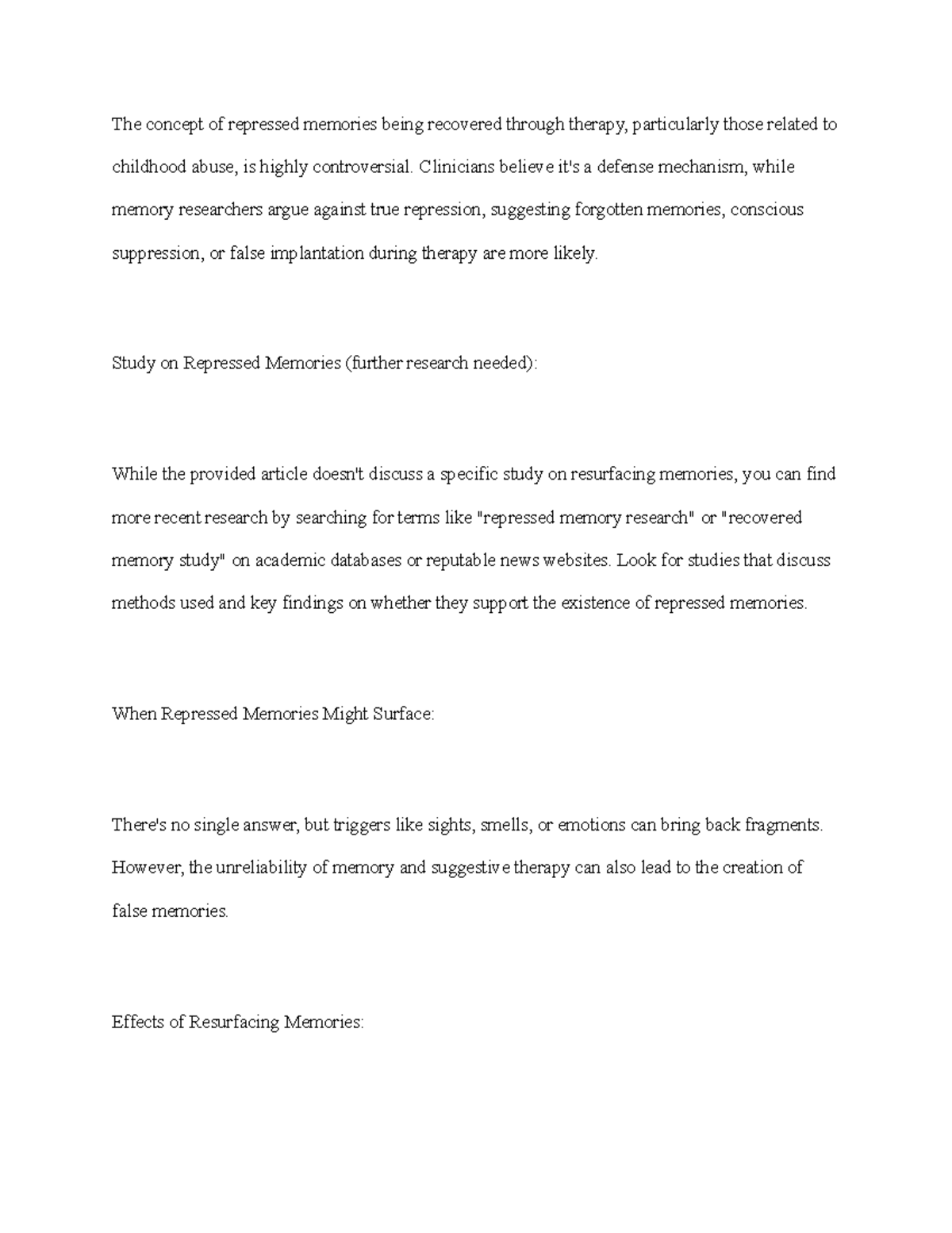 Learning Journal Unit 4 - The concept of repressed memories being ...