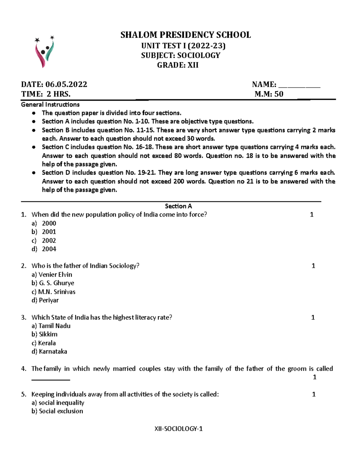 CL 12 Sociology Unit Test 1 Paper - SHALOM PRESIDENCY SCHOOL UNIT TEST ...