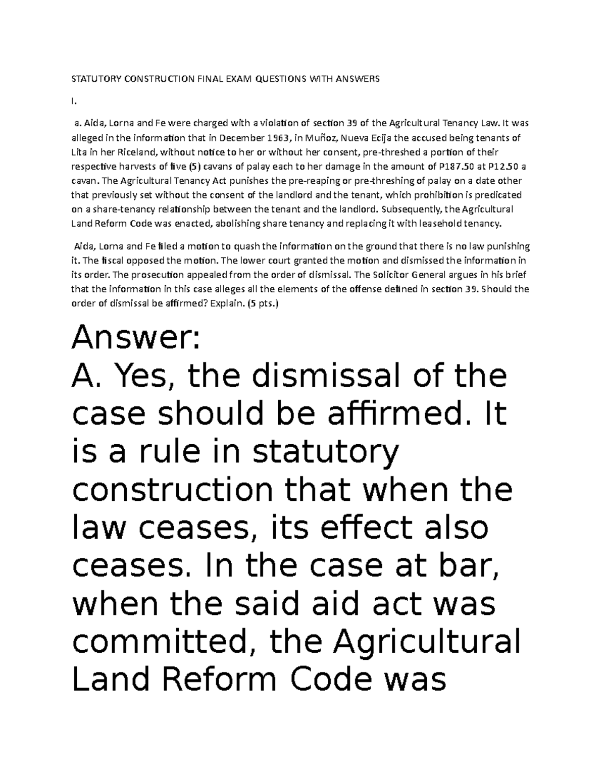 Statutory Construction Final EXAM Questions WITH Answers (Auto