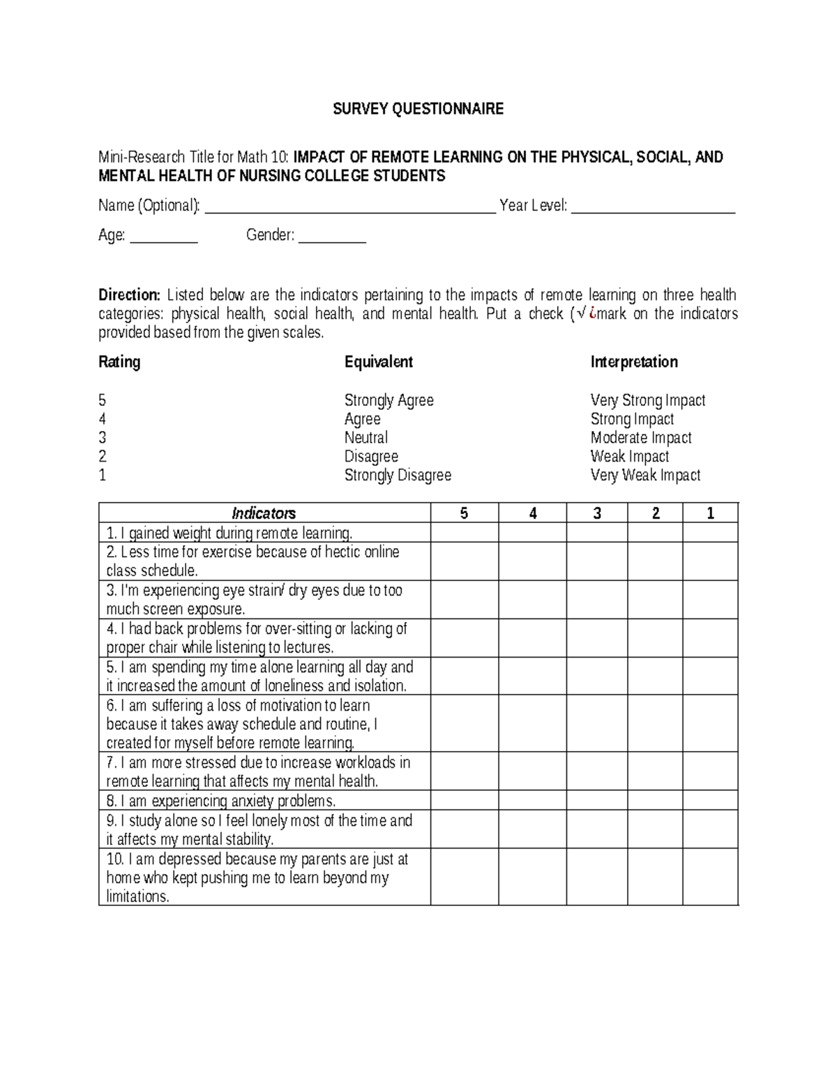 Survey- Questionnaire - SURVEY QUESTIONNAIRE Mini-Research Title for ...