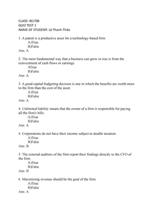 QUIZ Chapter 4 - BÀI TẬP Chapter 3 - FIN202 - QUIZ FIN202 – CHAPTER 4 ...