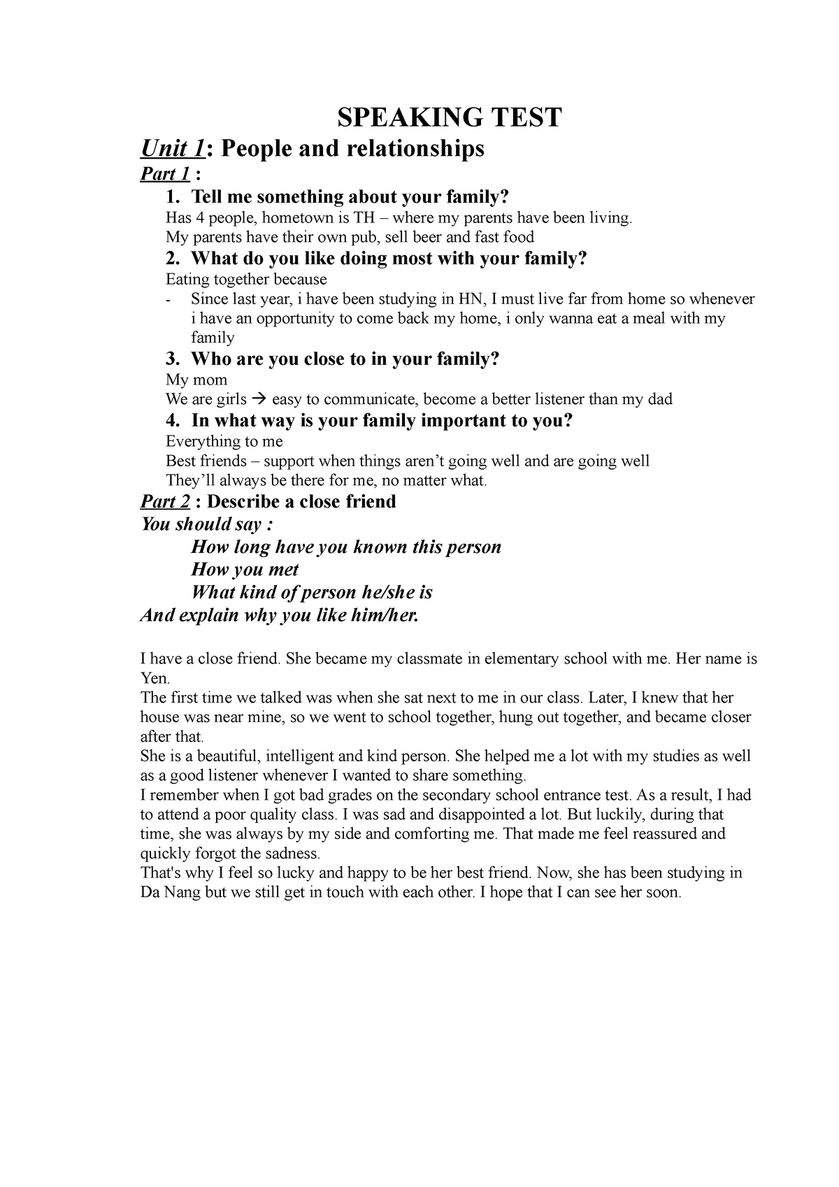 Speaking TEST - SPEAKING TEST Unit 1: People and relationships Part 1 : ...