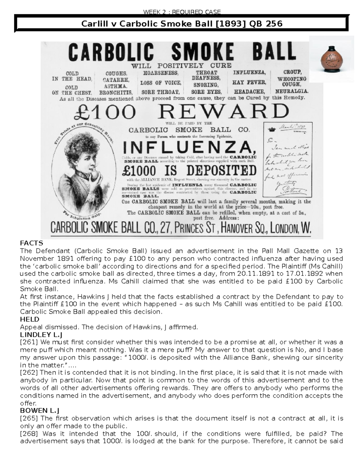 Cases [Offer] Week 2 - Carlill V Carbolic Smoke Ball [1893] QB 256 ...