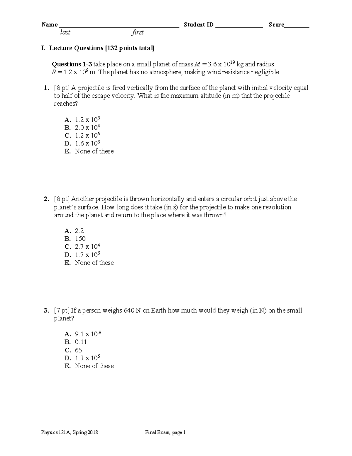 Physical Mechanic Final-mock-exam - last first I. Lecture Questions ...