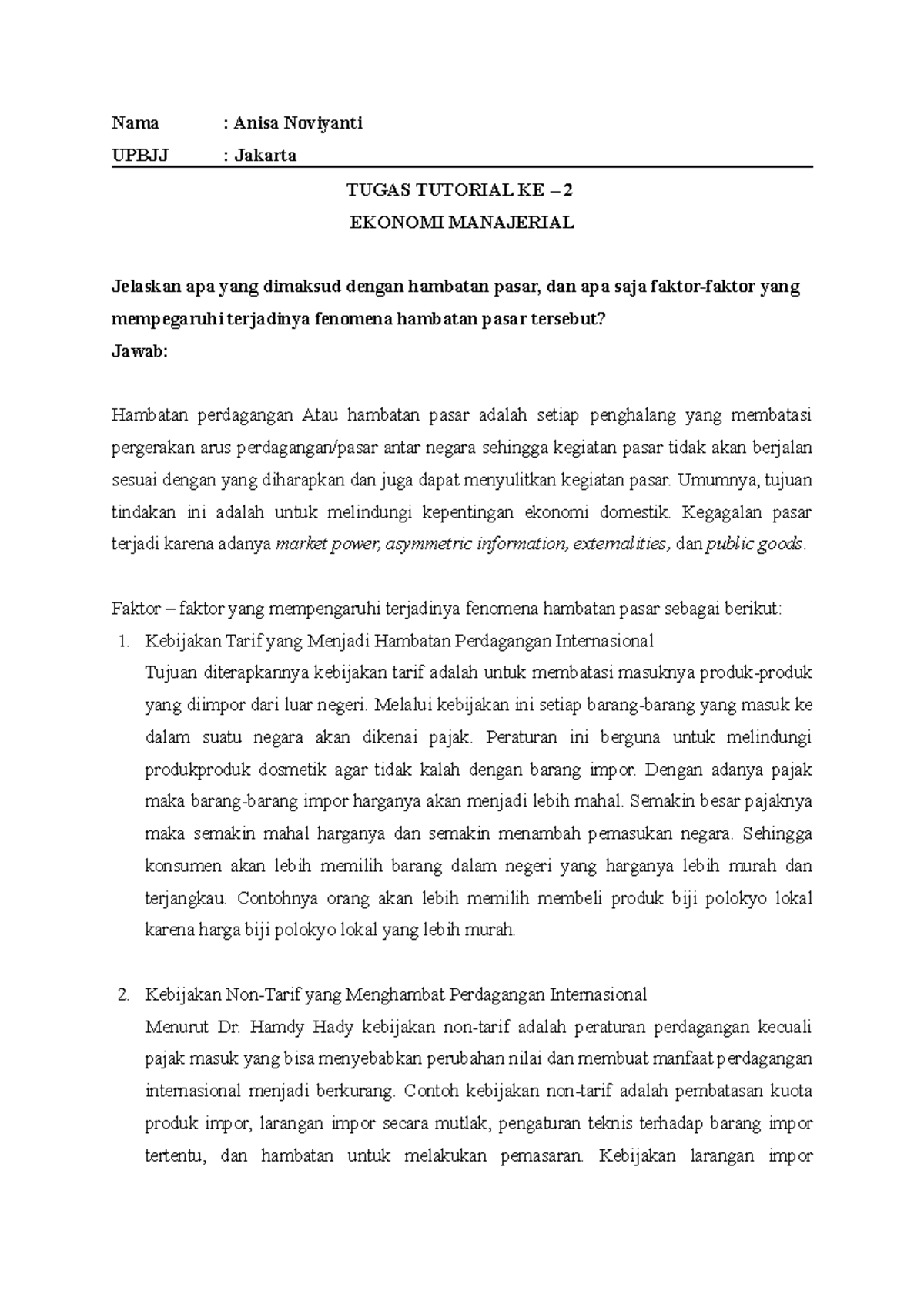 Tugas 2 EKMA4312 - Hambatan Pasar - Nama : Anisa Noviyanti UPBJJ ...