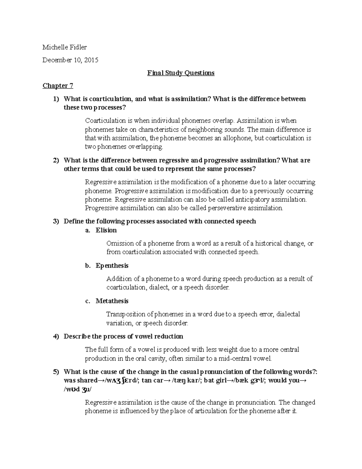 Final Study Questions - Chapters 7-9 - Michelle Fidler December 10 ...