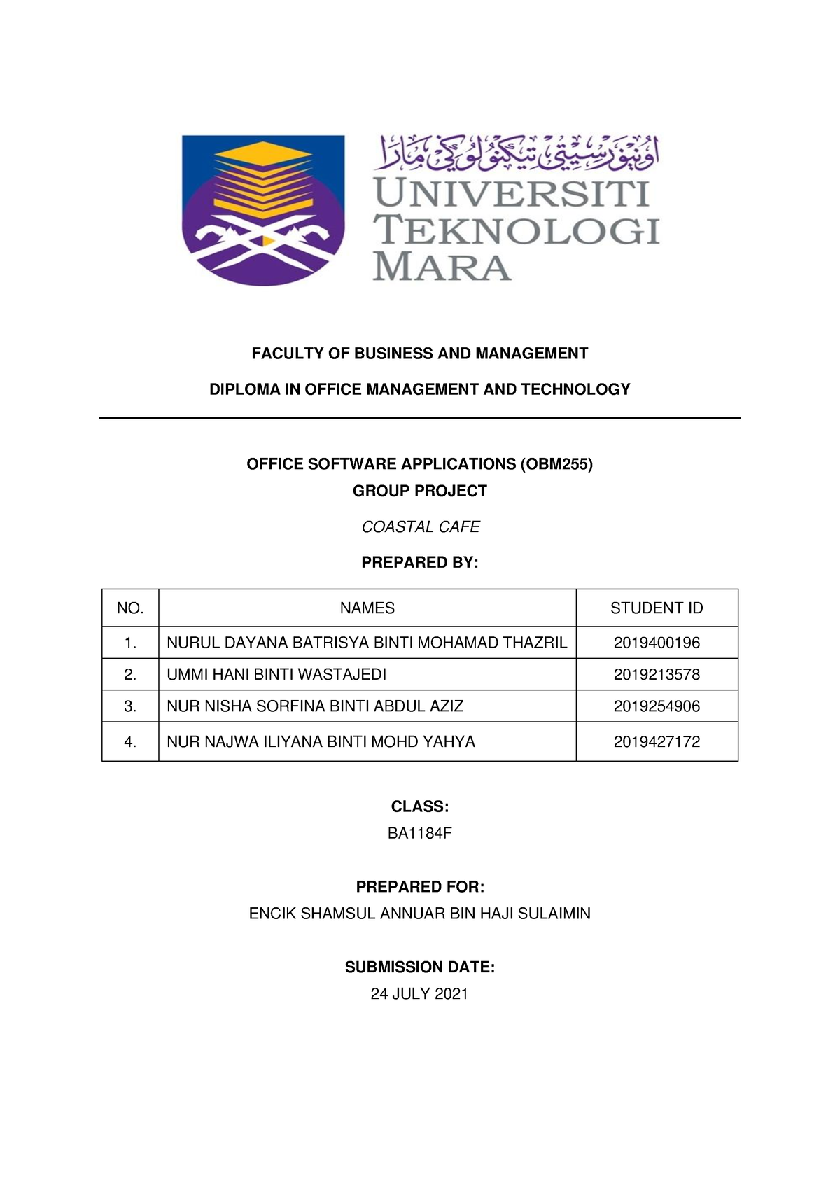 Group Project - CASE STUDY 1 - FACULTY OF BUSINESS AND MANAGEMENT ...