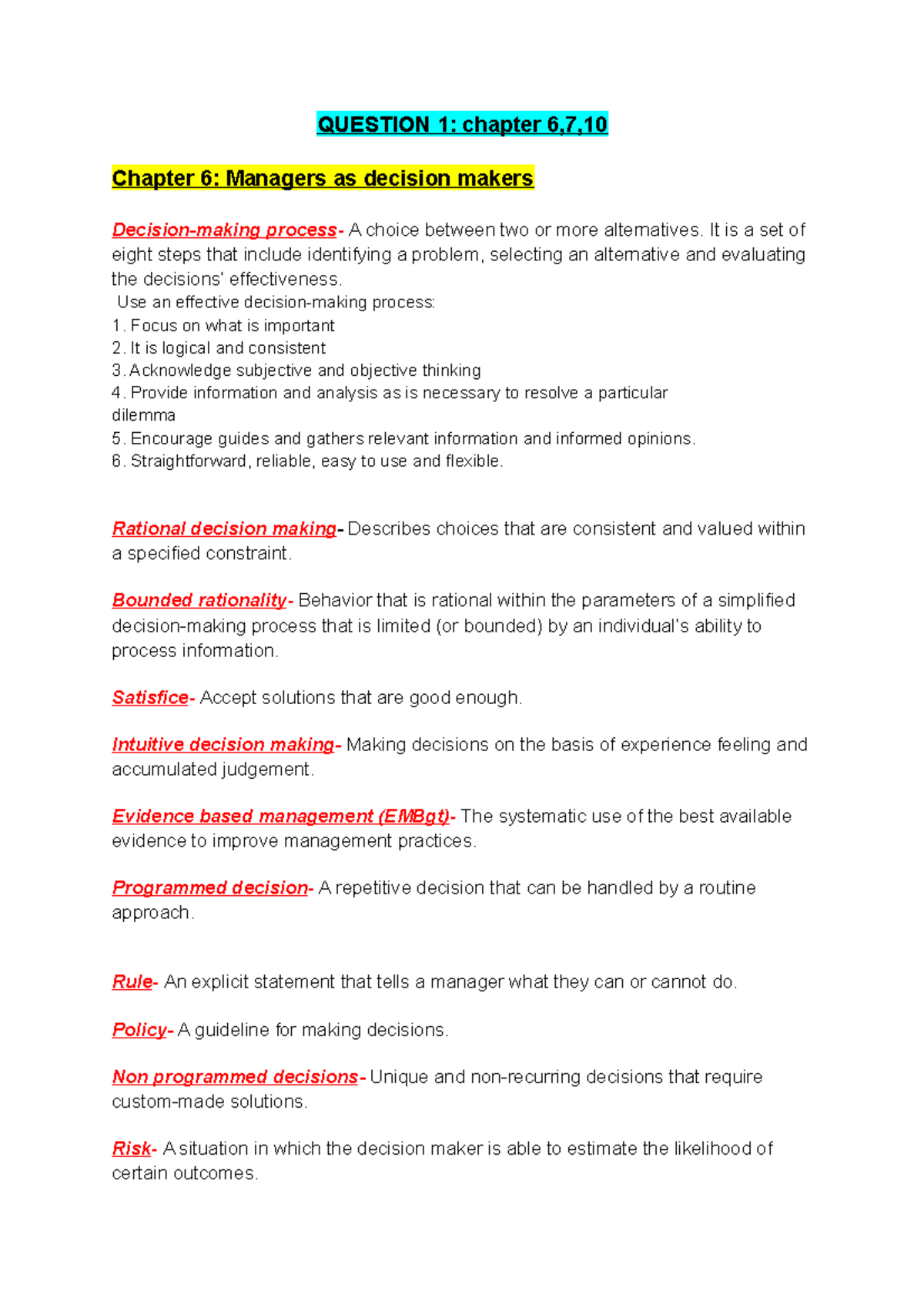 EL Definitions - QUESTION 1: Chapter 6,7, Chapter 6: Managers As ...