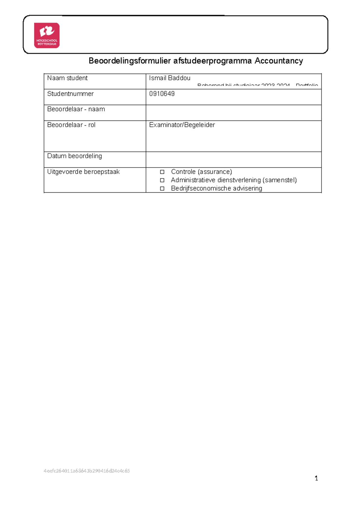 4. Beoordelingsformulier Portfolio 2023-2024 - Behorend Bij Studiejaar ...