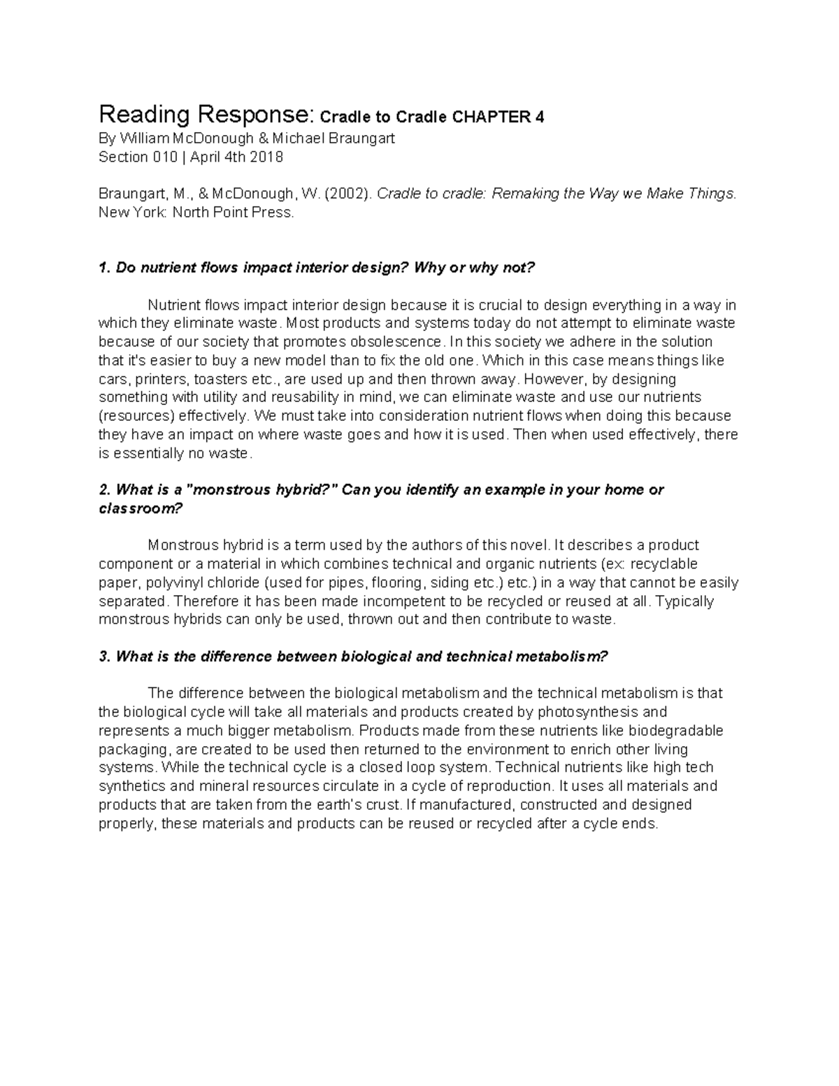 Reading Response Cradle to Cradle Chapter 4 Reading Response Cradle