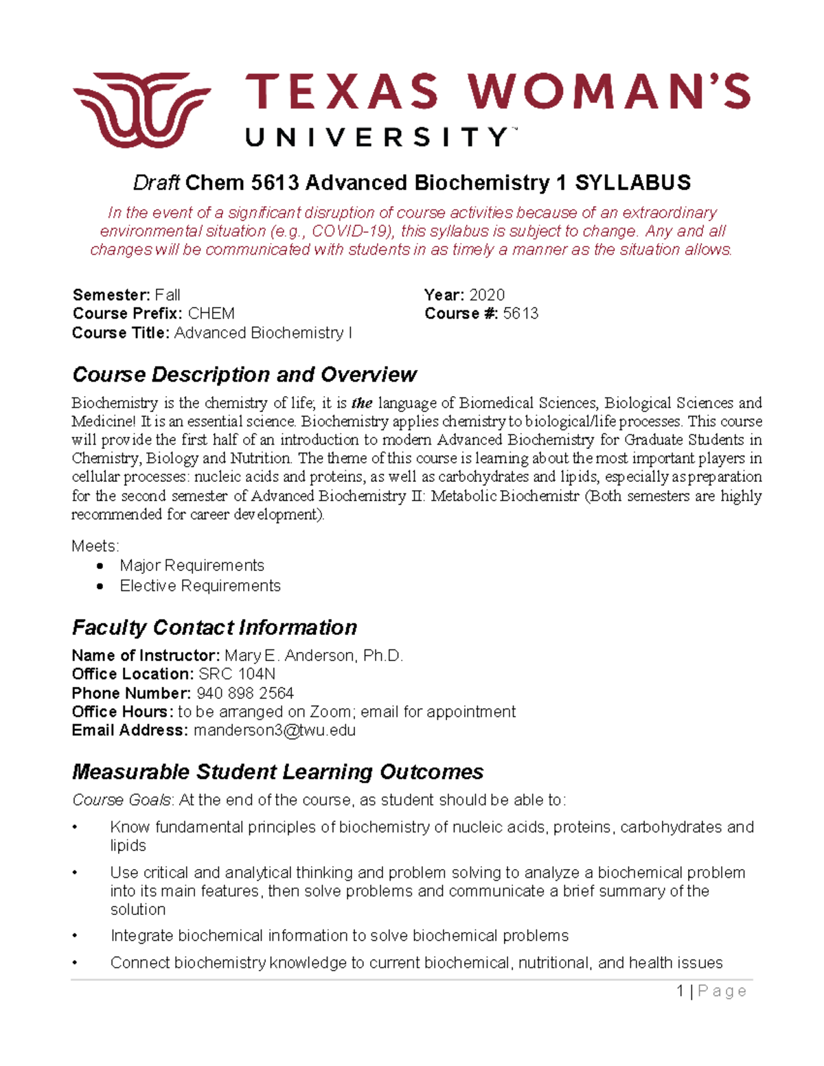 CHEM 5613 Advanced biochemistry I - Draft Chem 5613 Advanced ...