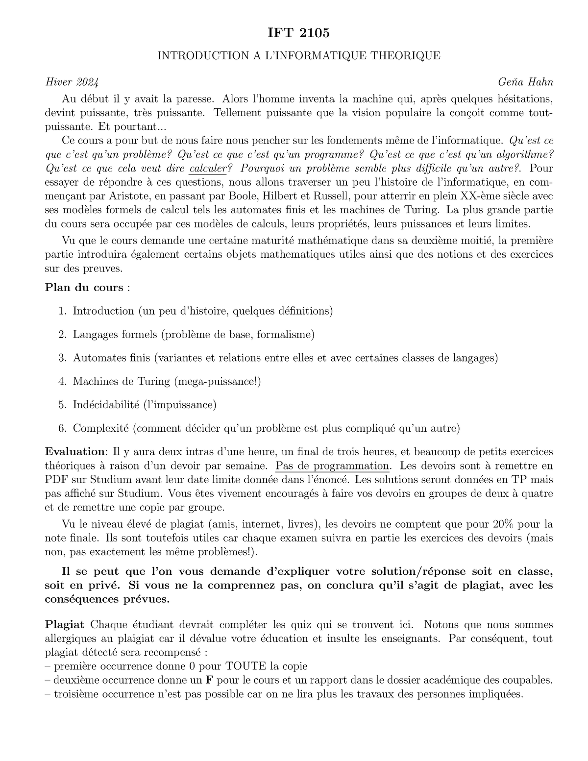 Plan Du Cours Ift2105 H24 Ift 2105 Introduction A Linformatique Theorique Hiver 2024 Geˇna