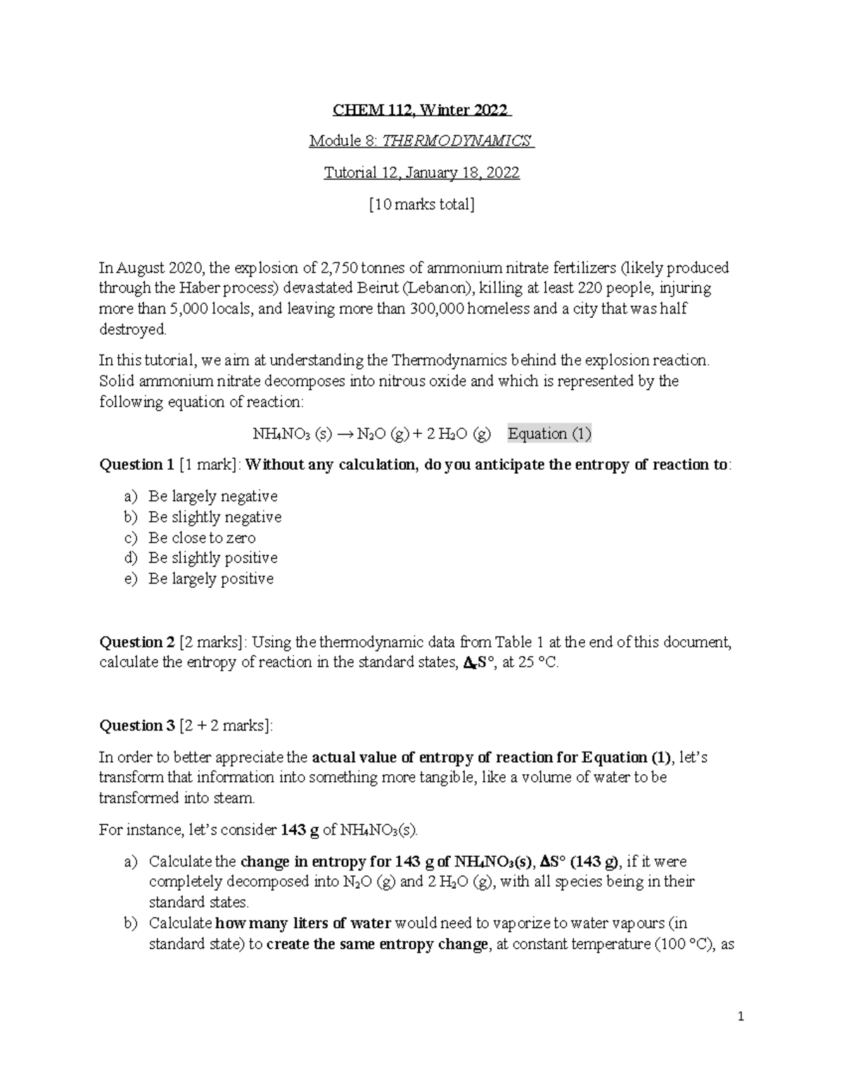 Tutorial 12 Questions - Notes - CHEM 112, Winter 2022 Module 8 ...