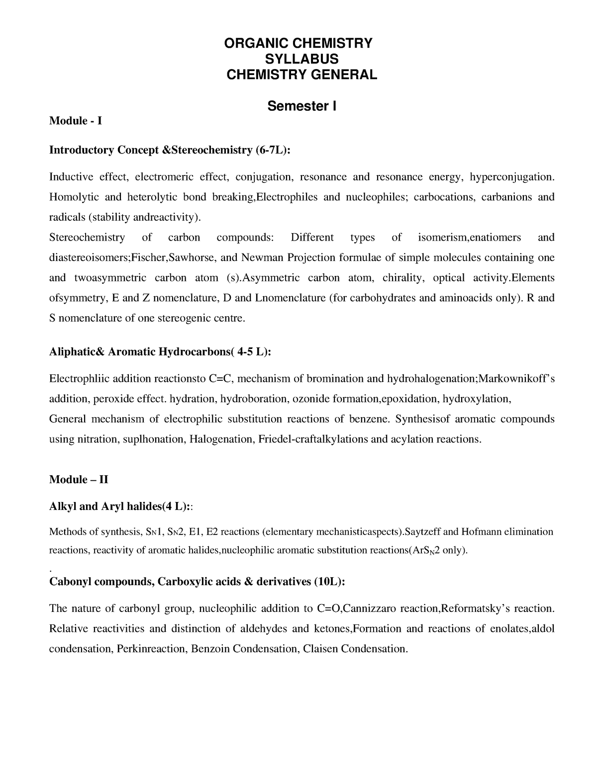 Organic Chemistry Syllabus-Chemistry General - ORGANIC CHEMISTRY ...