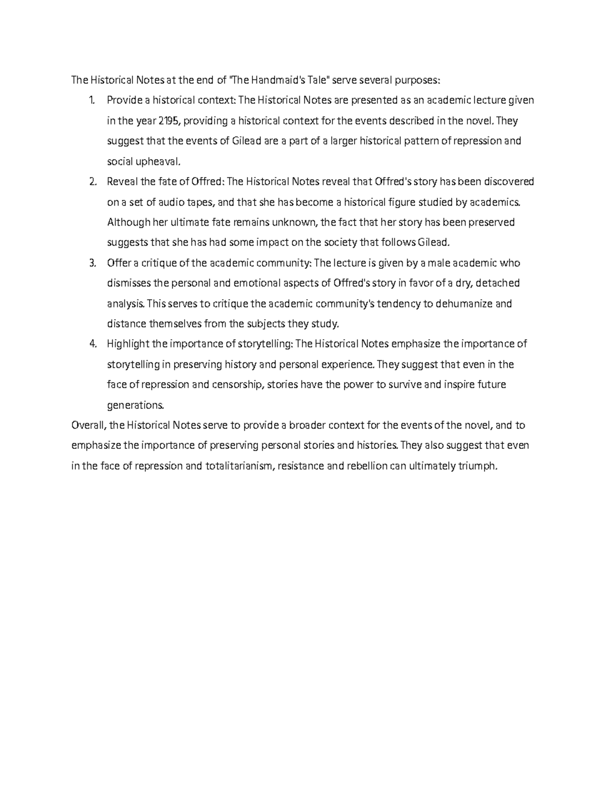 Handmaids Tale Questions - The Historical Notes at the end of 