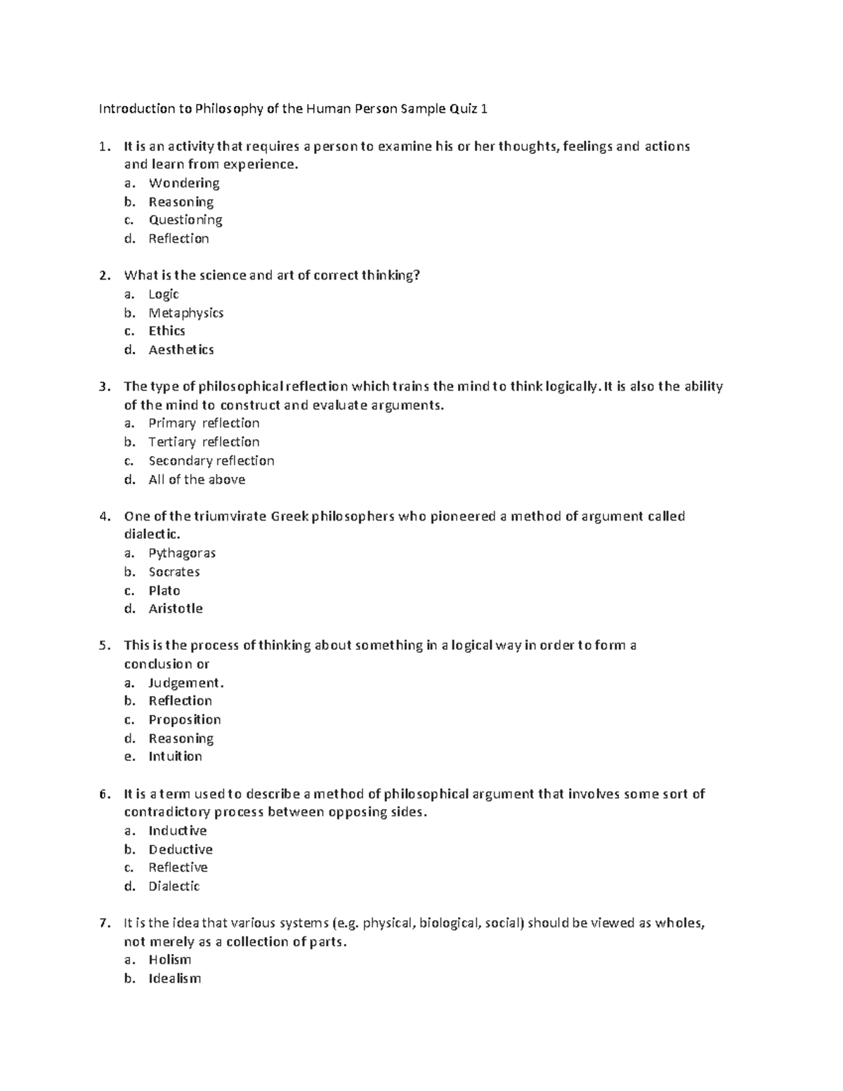 Philo Sample Questions for Quiz - Introduction to Philosophy of the ...