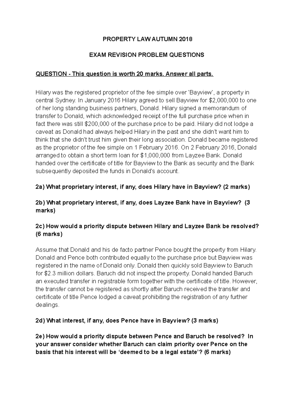 Practice Exam Questions Prep for Final Exam - PROPERTY LAW AUTUMN 2018 ...