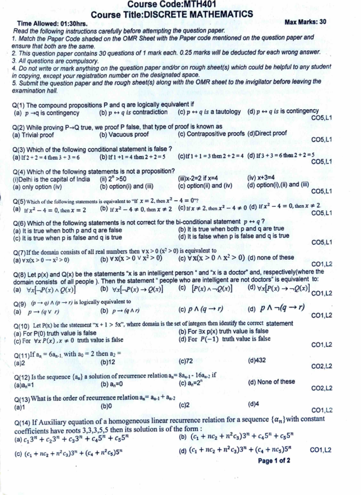 Sample paper - Course Code:MTH Course Title:DISCRETE Time Allowed: 01 ...