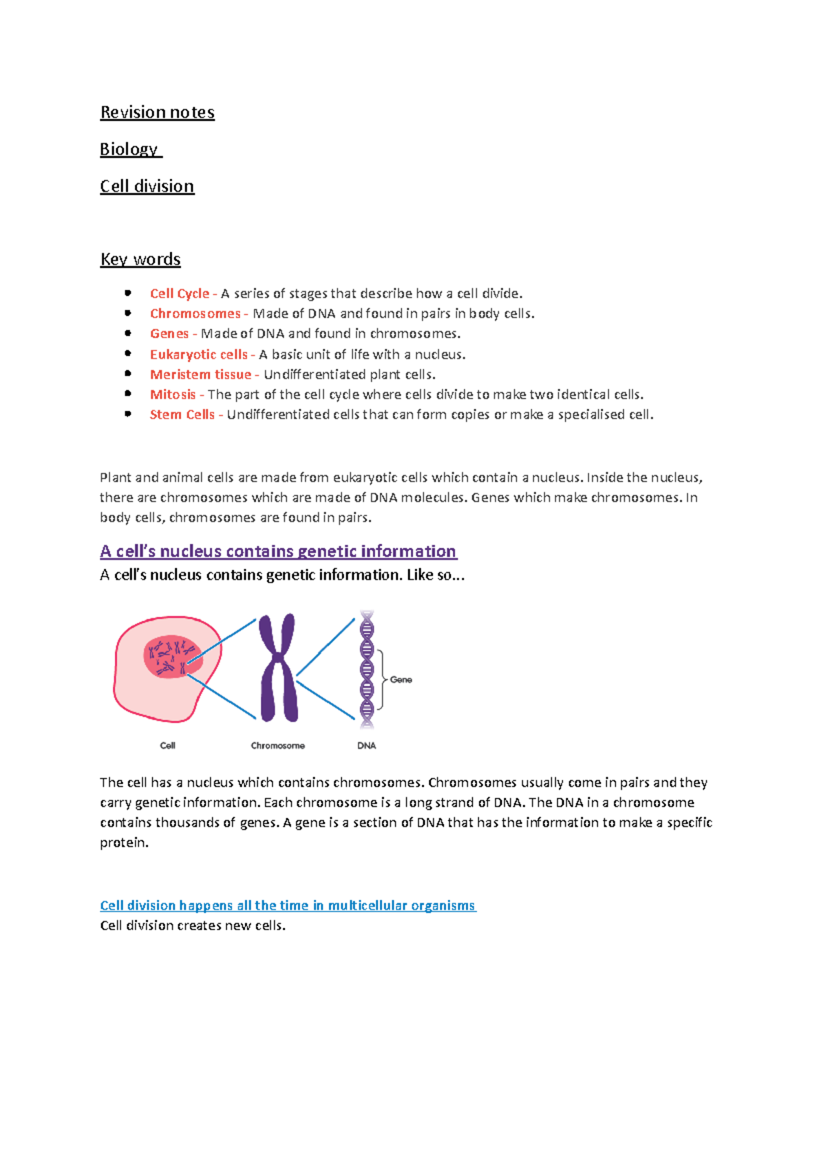 cell division notes GCSE - Revision notes Biology Cell division Key ...