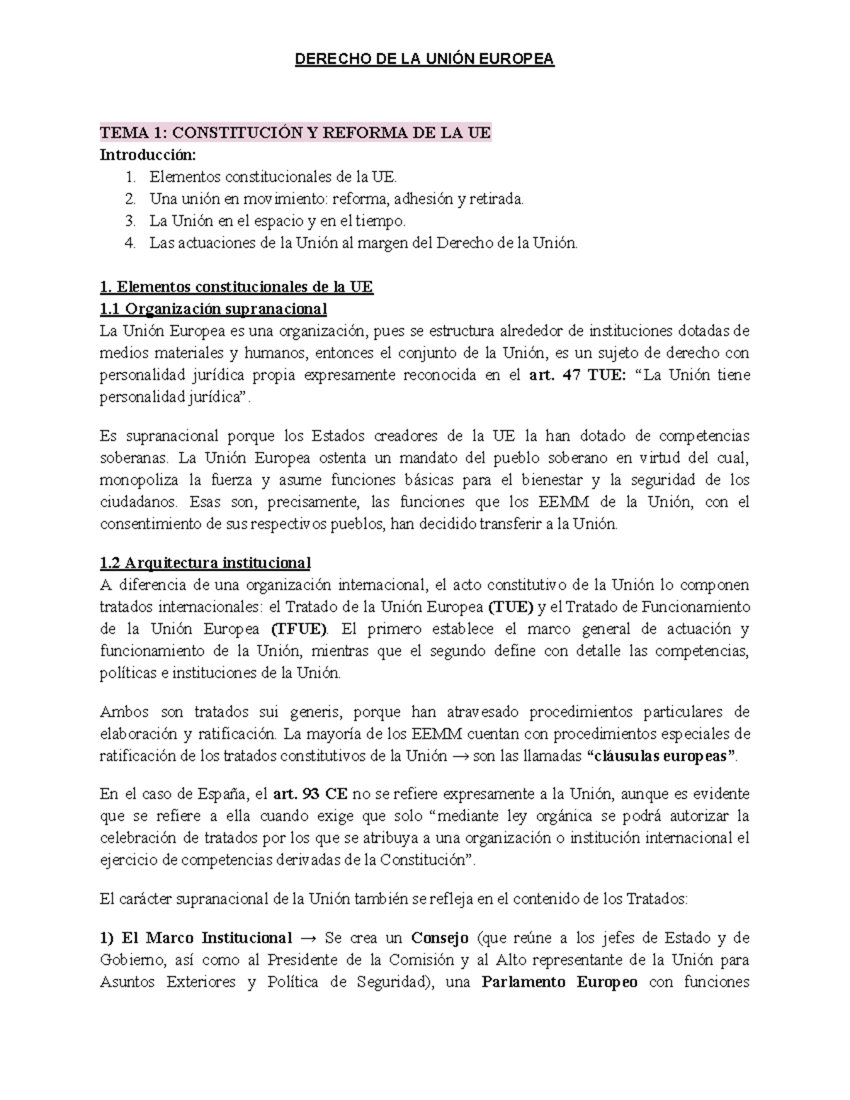 Derecho de la Union Europea - TEMA 1: CONSTITUCIÓN Y REFORMA DE LA UE ...