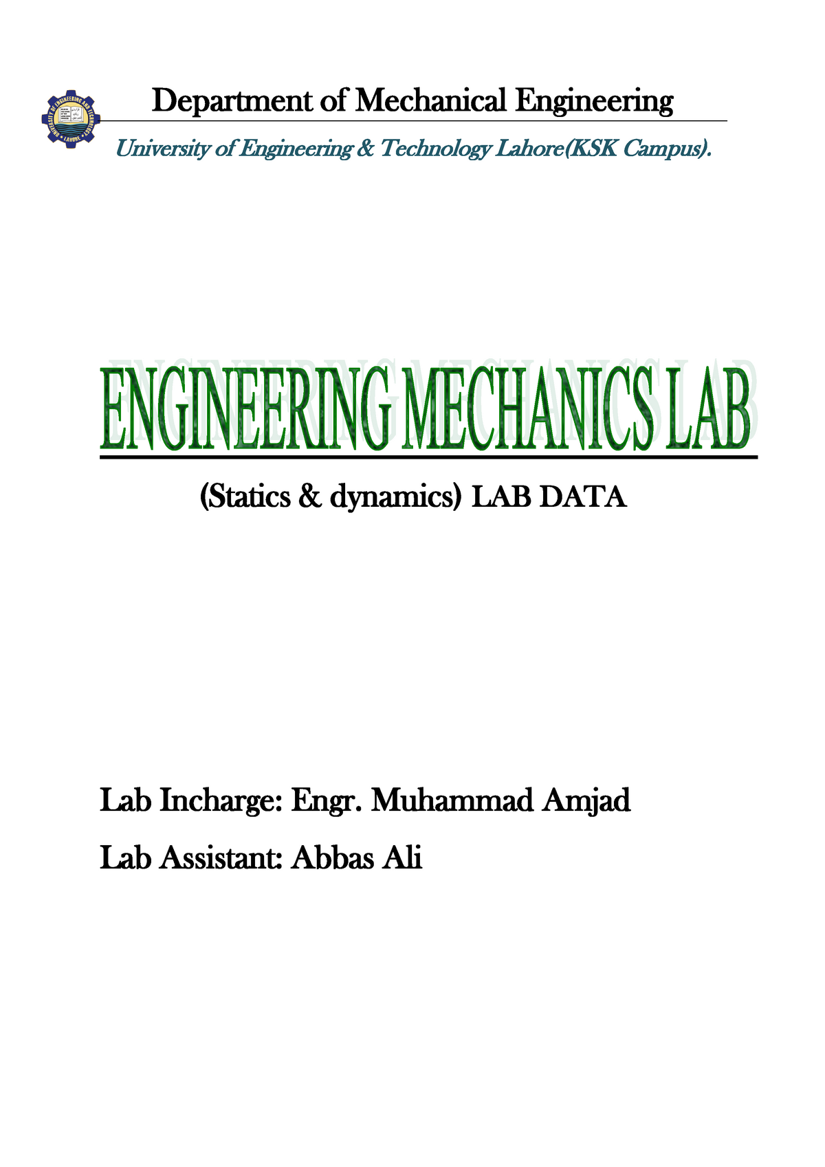 Engg Mechanics Lab - Department Of Mechanical Engineering University Of ...