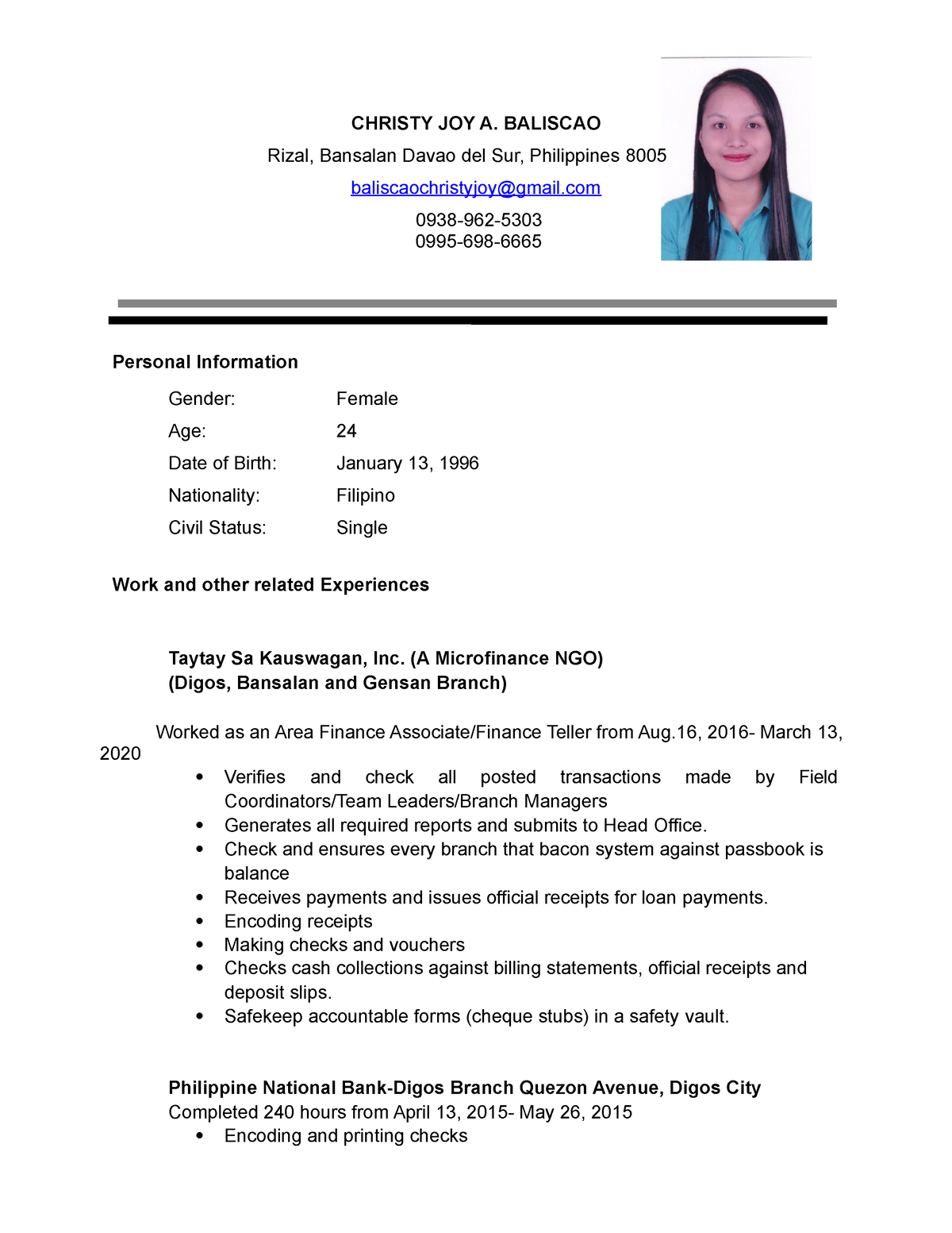 Resume Final - n/a - CHRISTY JOY A. BALISCAO Rizal, Bansalan Davao del ...