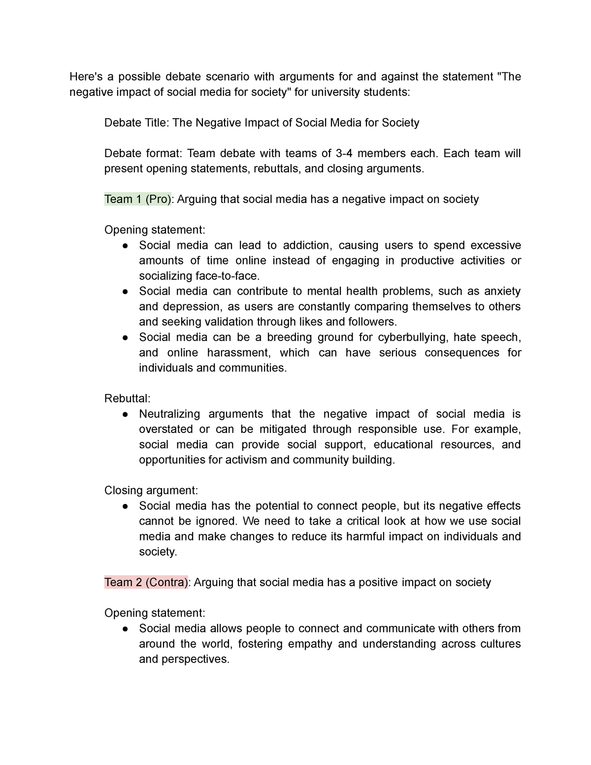 Debate example Scenario The Negative Impact Of Social Media Here s 