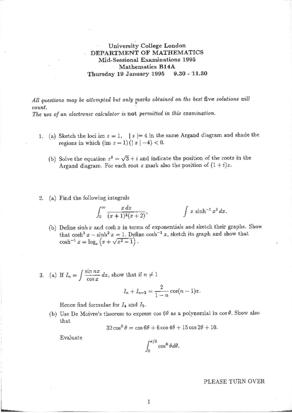 1995 January - past papers - math0010 - Studocu