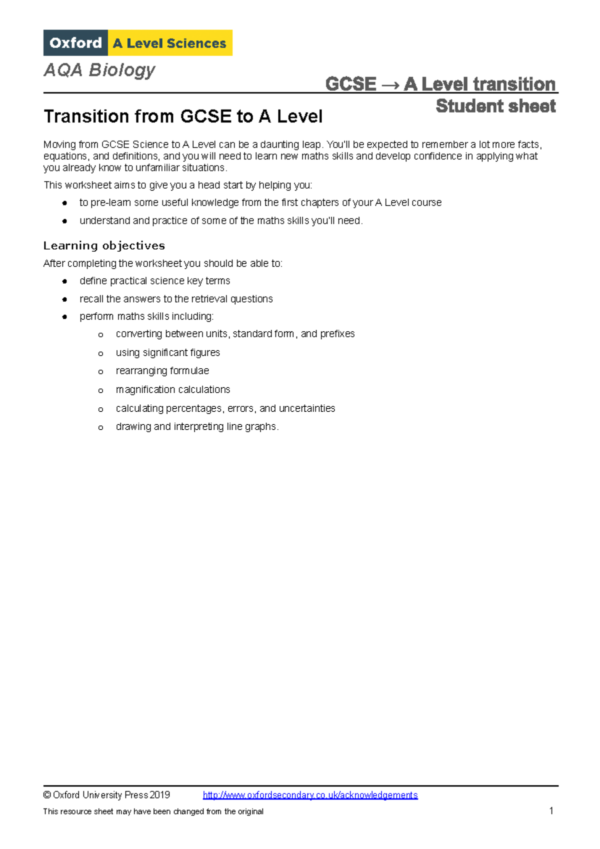 Transition booklet AQA - Transition from GCSE to A Level Moving from ...