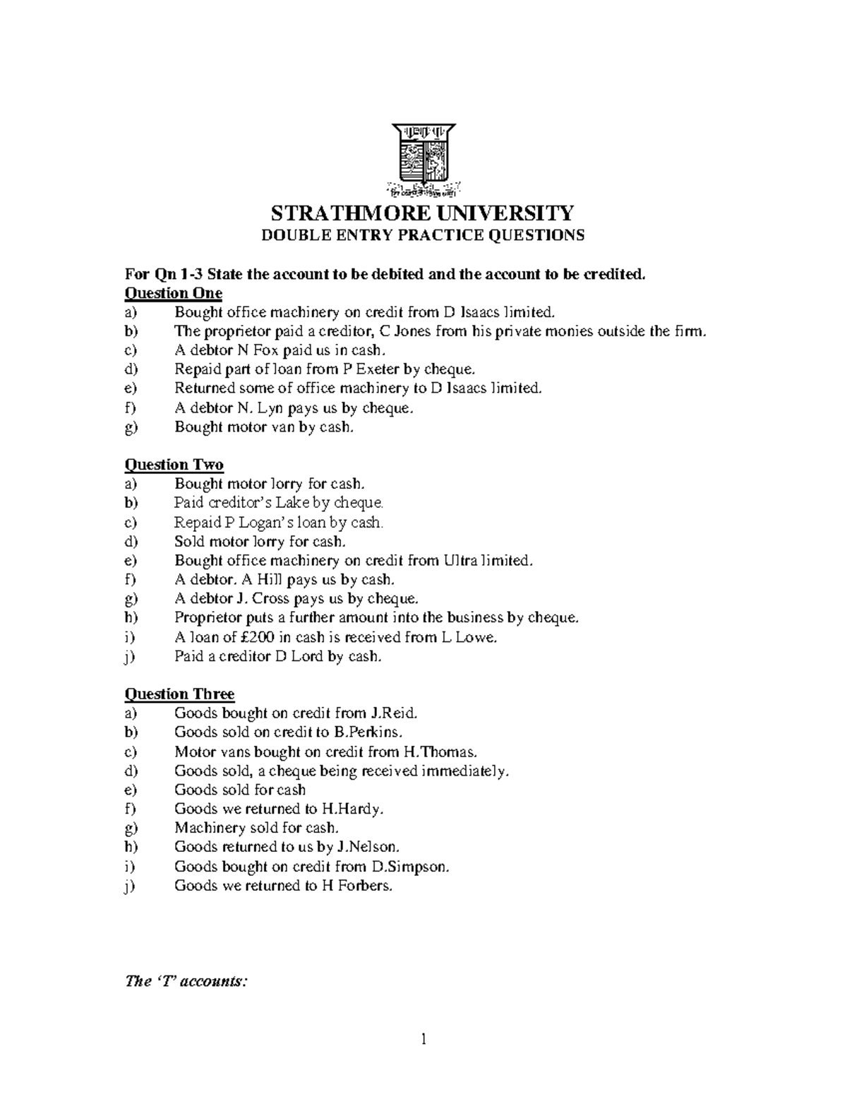 Double Entry Questions - STRATHMORE UNIVERSITY DOUBLE ENTRY PRACTICE ...