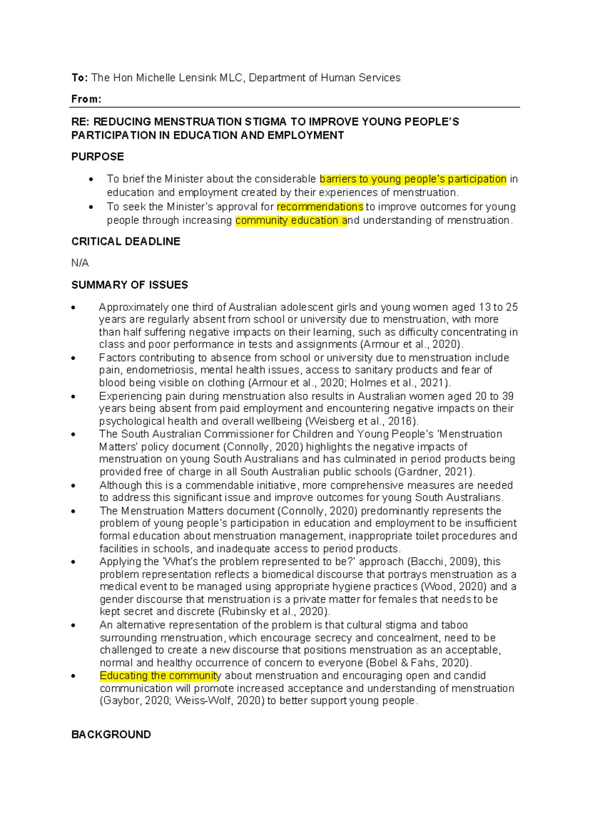 Exemplar 2 - social policy - To: The Hon Michelle Lensink MLC ...