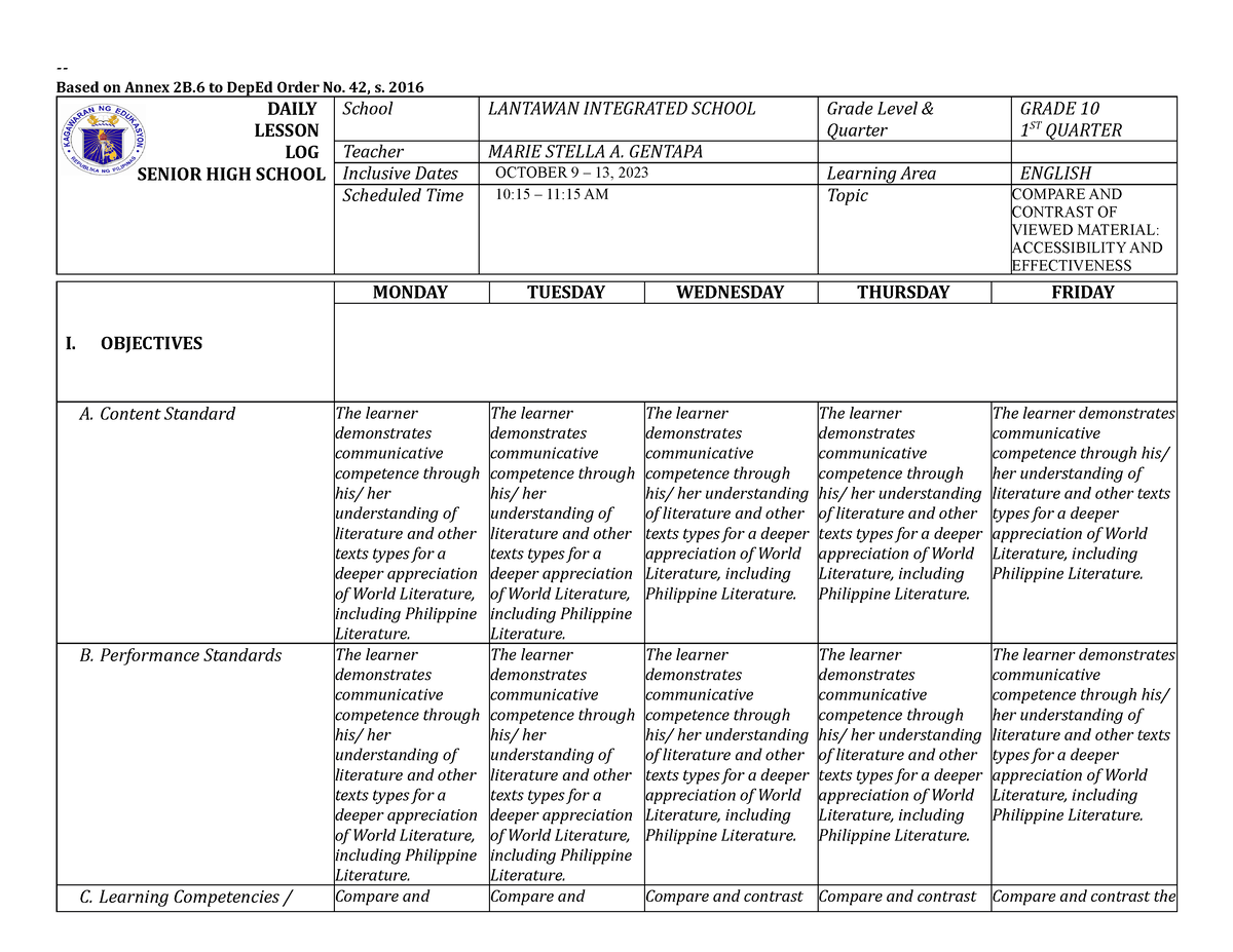 DLL- English-10-Module-4 - Based On Annex 2B To DepEd Order No. 42, S ...