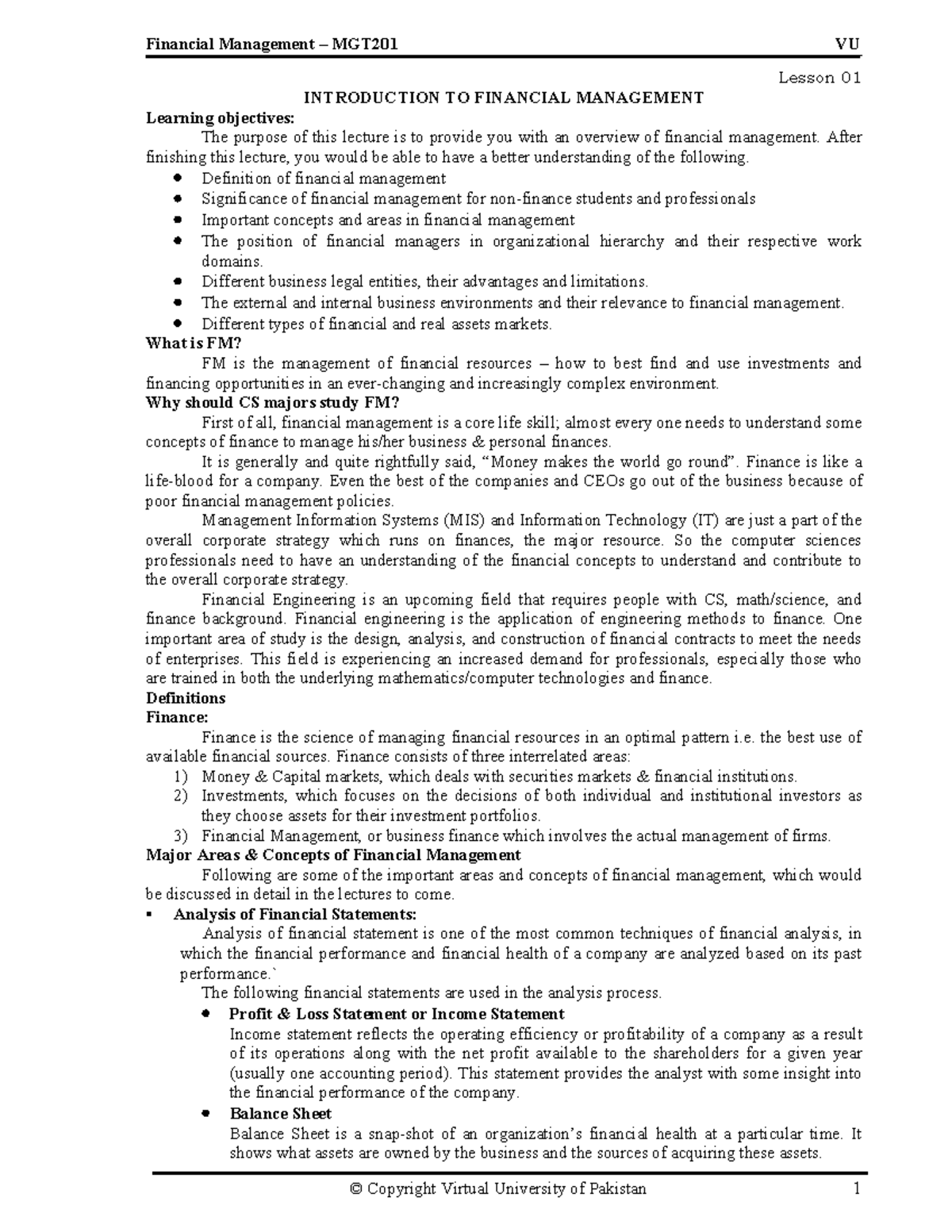 MGT201 - Financial Management - Lesson 01 INTRODUCTION TO FINANCIAL ...